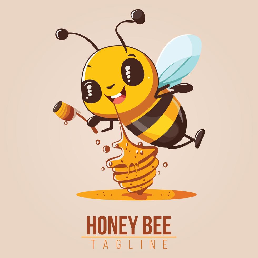 miel abeja logo dibujos animados personaje. abeja volador con un delicioso Miel. vector logo ilustración.