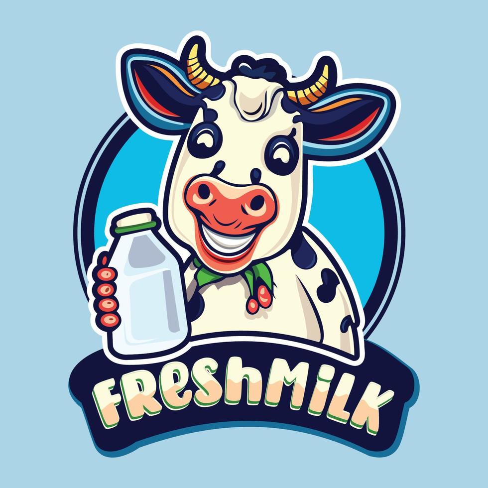 Milky Cow Cartoon logo. Cute Cow with Milk. Cow Logo concept with flat style vector