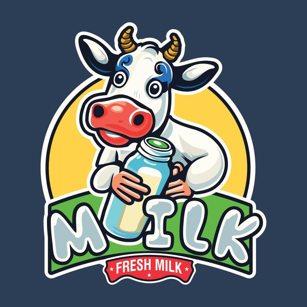 Milky Cow Cartoon logo. Cute Cow with Milk. Cow Logo concept with flat style vector