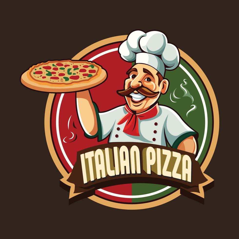 italiano Pizza logo con un cocinero participación un Pizza vector