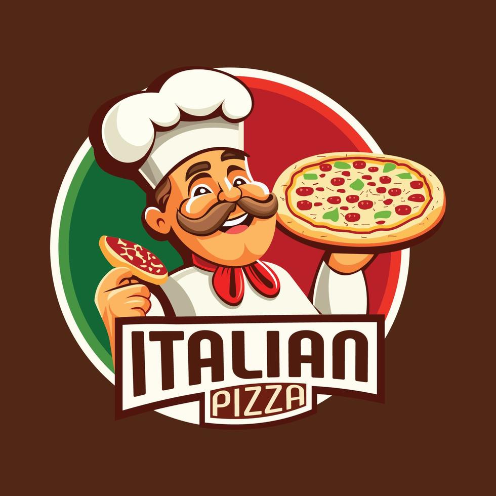 Italian chef with a pizza. Chef holding a pizza vector