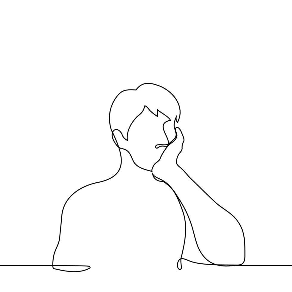 man sitting propping his cheek with his hand - one line drawing vector. concept daydreaming vector