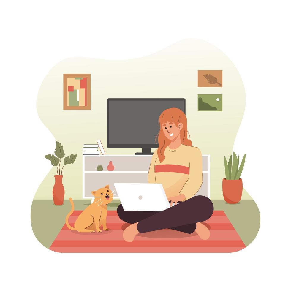 mujer y su mascota trabajando en ordenador portátil vector