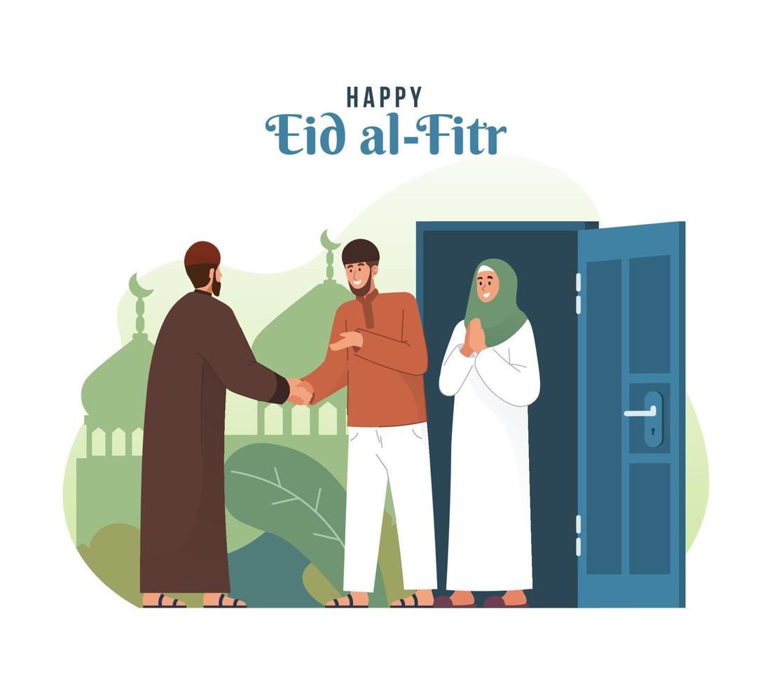 Muslim man shaking hands and celebrating Eid al-fitr vector
