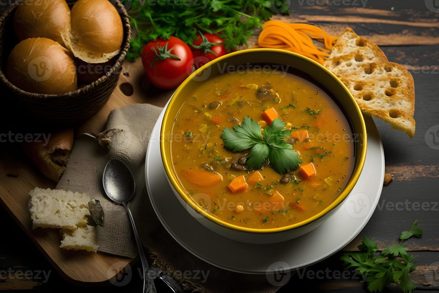 Savor the Flavor Delicious Photo Lentil Soup Topped with Chopped Herbs and Crunchy Crackers