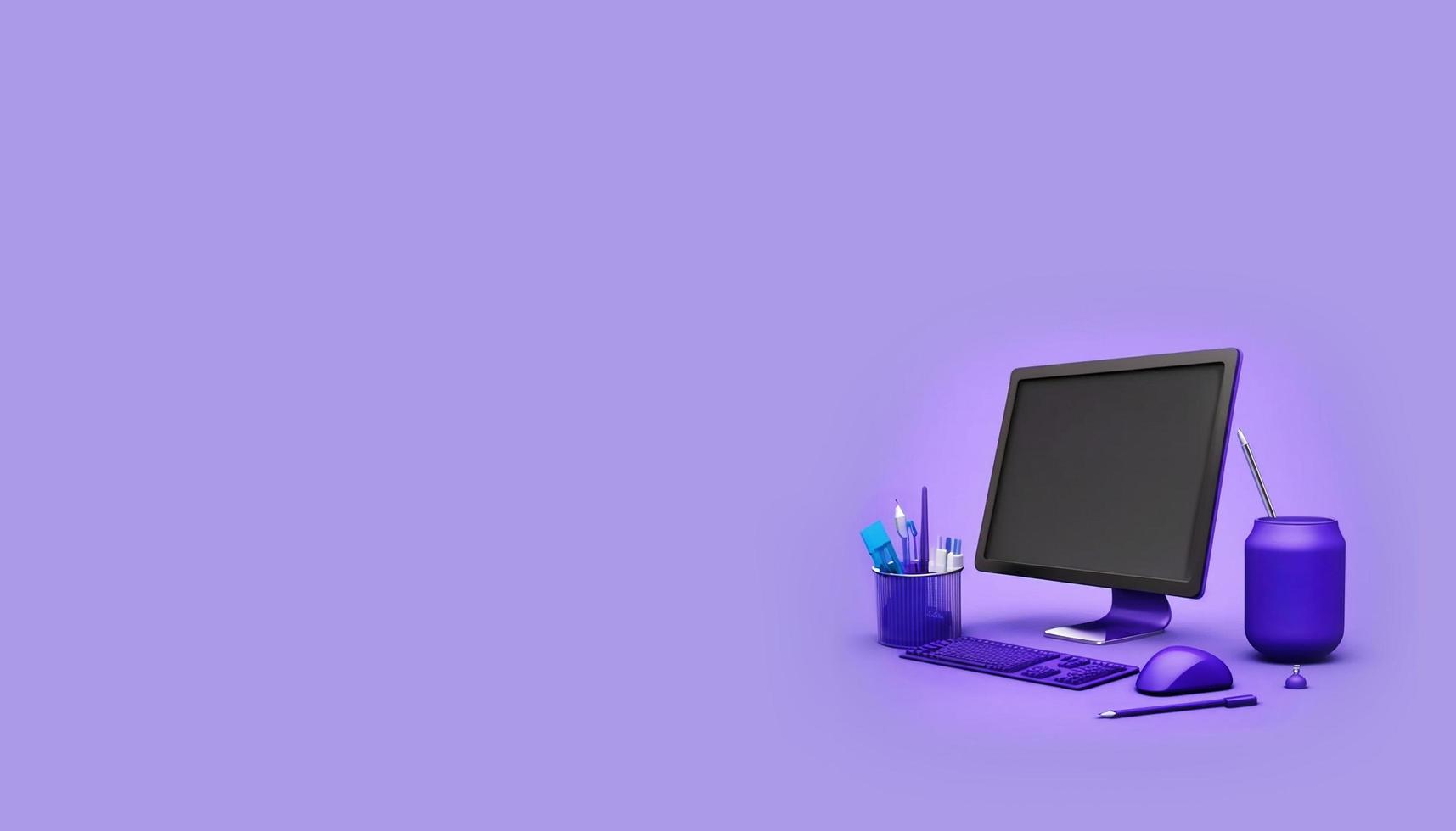 Digital equipment banner with computer monitor, violet background banner photo