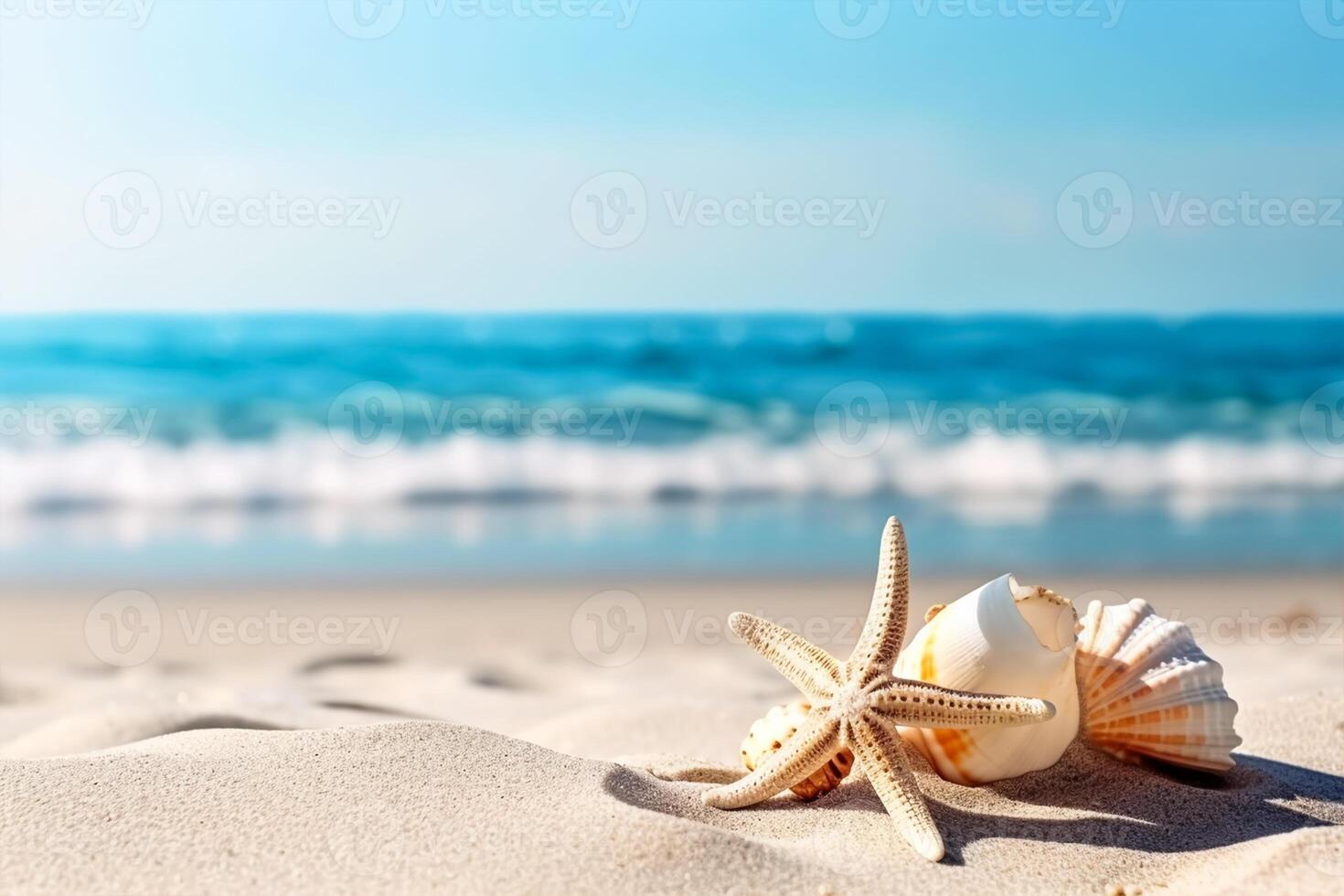 hermosa mar conchas en el costa con habitación para un producto o publicidad texto con Copiar espacio. generativo ai foto