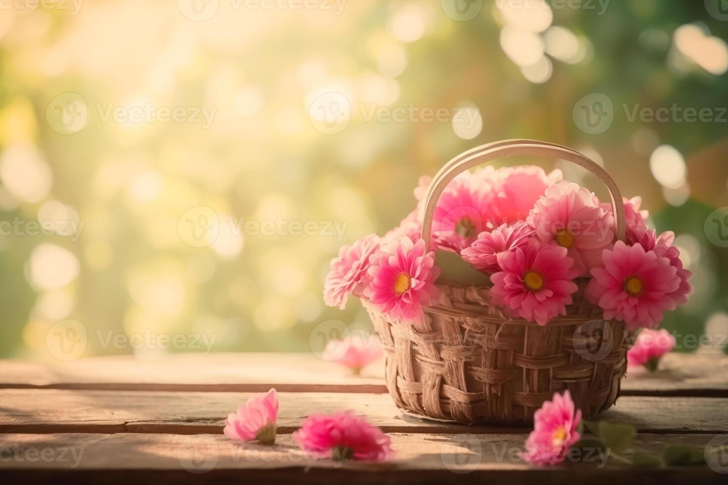 Pink flowers in a basket on a wooden with bokeh background in a vintage retro style, with the sunrise, for the day of love, with copy space. photo