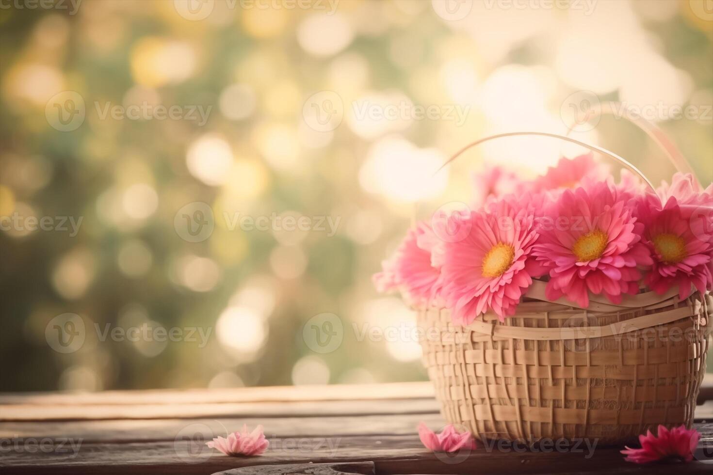 Pink flowers in a basket on a wooden with bokeh background in a vintage retro style, with the sunrise, for the day of love, with copy space. photo