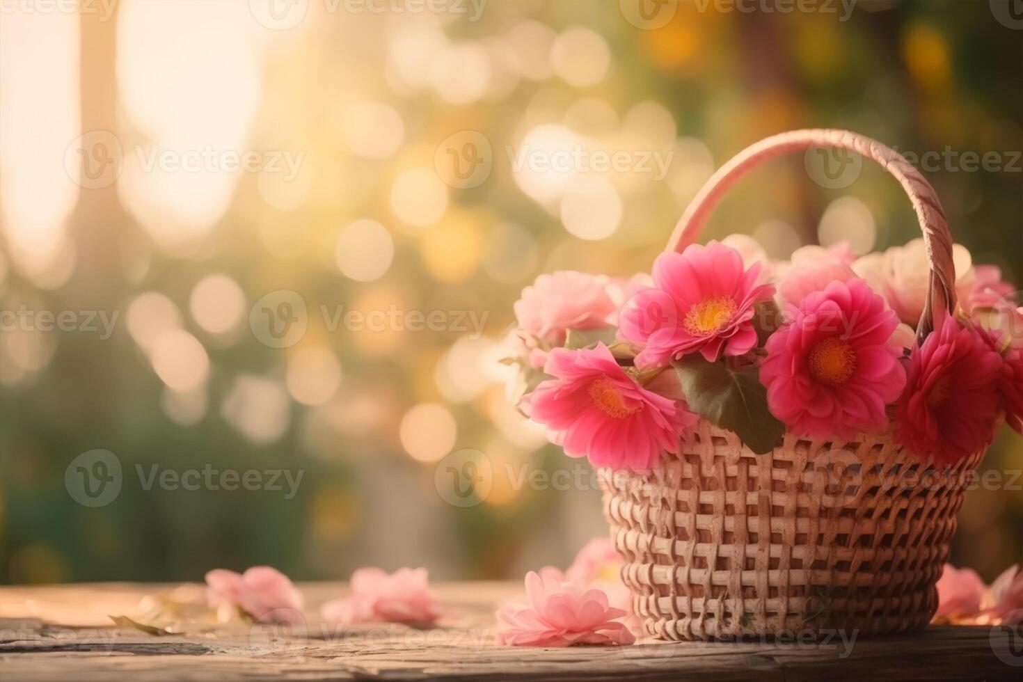 Pink flowers in a basket on a wooden with bokeh background in a vintage retro style, with the sunrise, for the day of love, with copy space. photo