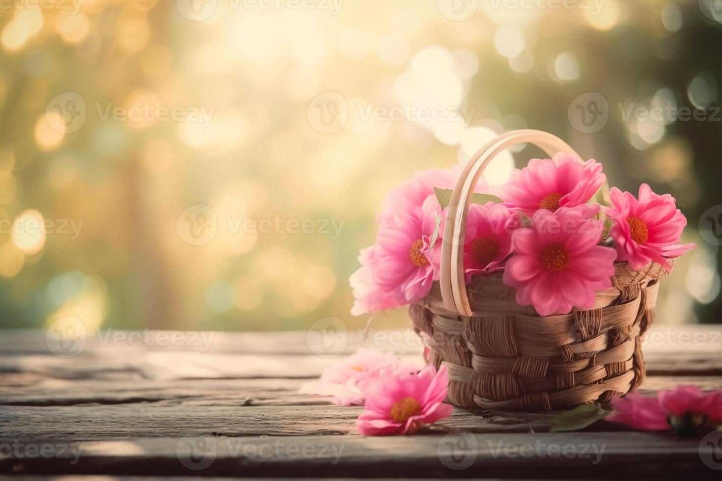 Pink flowers in a basket on a wooden with bokeh background in a vintage retro style, with the sunrise, for the day of love, with copy space. photo