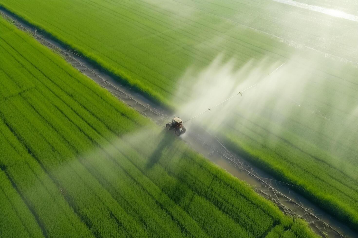 Aerial view over Spraying pesticides on rice seeding field, Top view from drone. photo