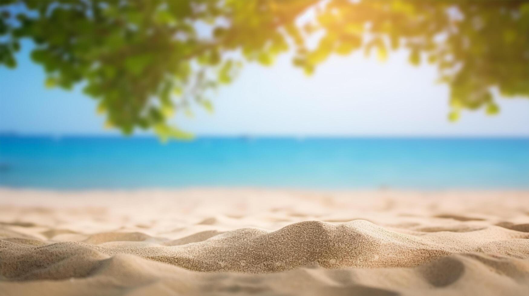 hermosa verano exótico arenoso playa con borroso árbol y mar en antecedentes generativo ai foto