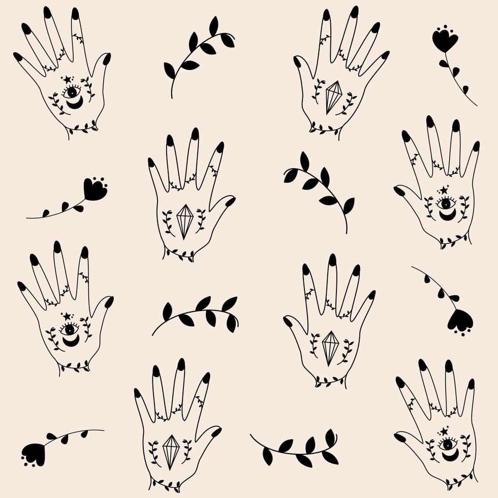 Cute elegant minimal seamless vector pattern background illustration with female hands with sacred symbols in bohemian style, flowers and leaves