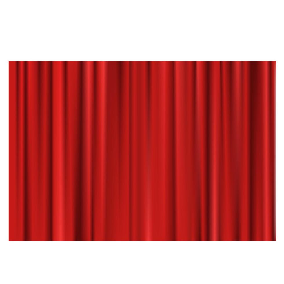People sit in theatrical chairs and wait for the start of the performance. The stage is closed by a red curtain, illuminated by a searchlight. Vector illustration