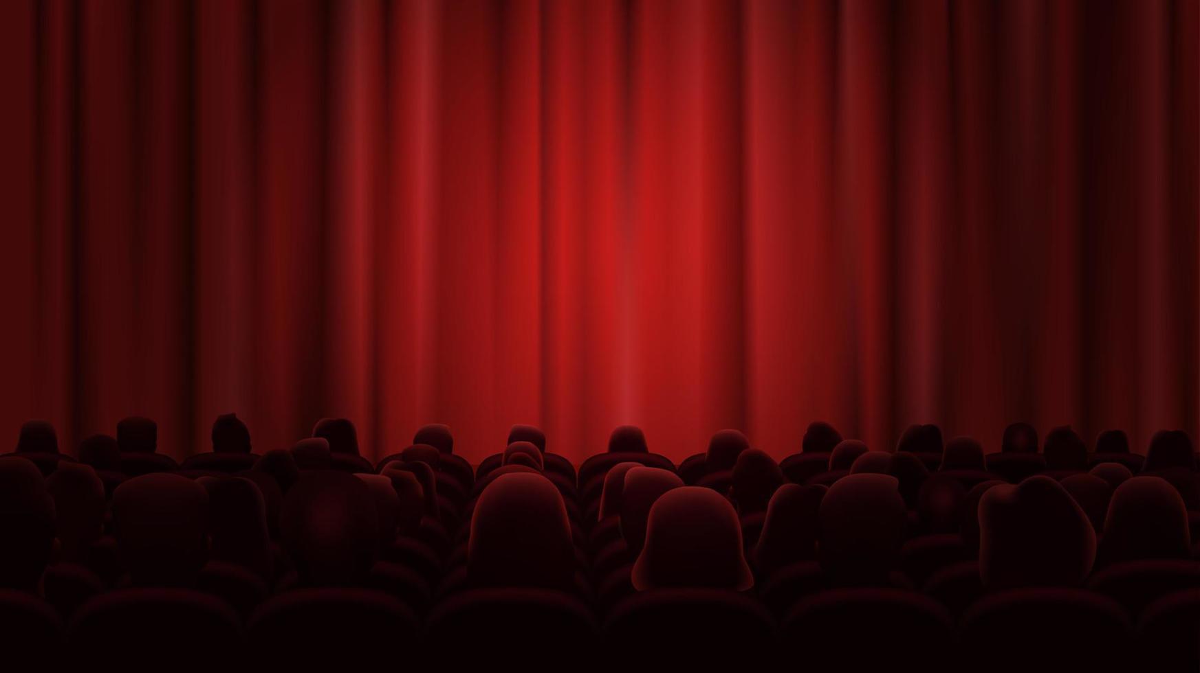 personas sentar en teatral sillas y Espere para el comienzo de el actuación. el etapa es cerrado por un rojo cortina, iluminado por un reflector. vector ilustración
