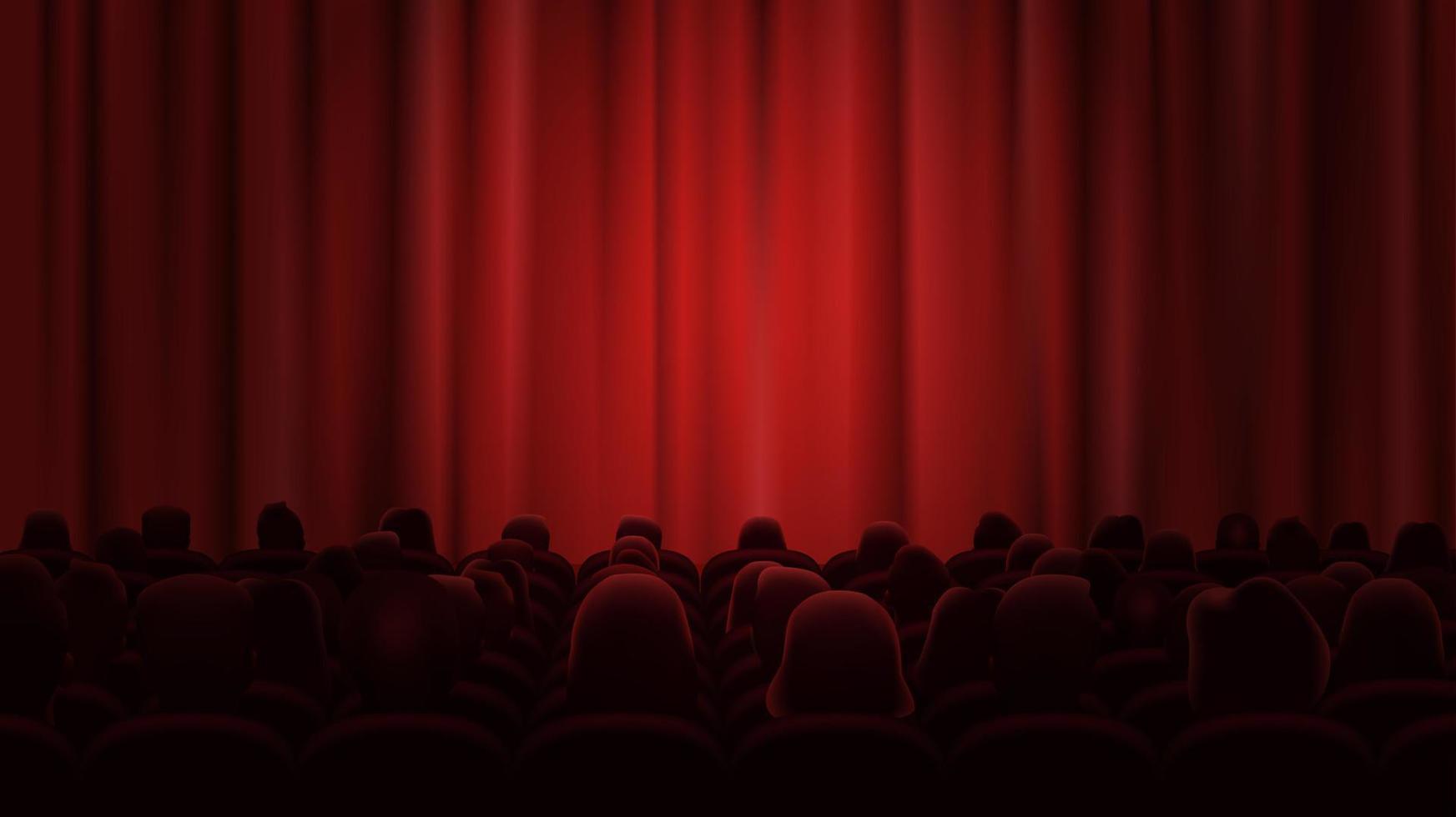 People sit in theatrical chairs and wait for the start of the performance. The stage is closed by a red curtain, illuminated by a searchlight. Vector illustration