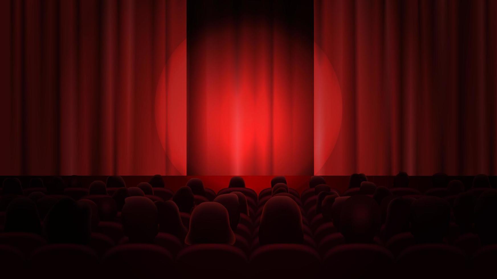 Cinema with curtains and audience. Space to place anything on stage. Red curtain and sit theatrical chairs and wait for the start of the performance. vector
