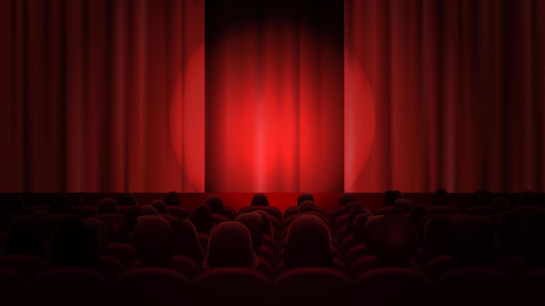 cine con cortinas y audiencia. espacio a sitio cualquier cosa en escenario. rojo cortina y sentar teatral sillas y Espere para el comienzo de el actuación. vector