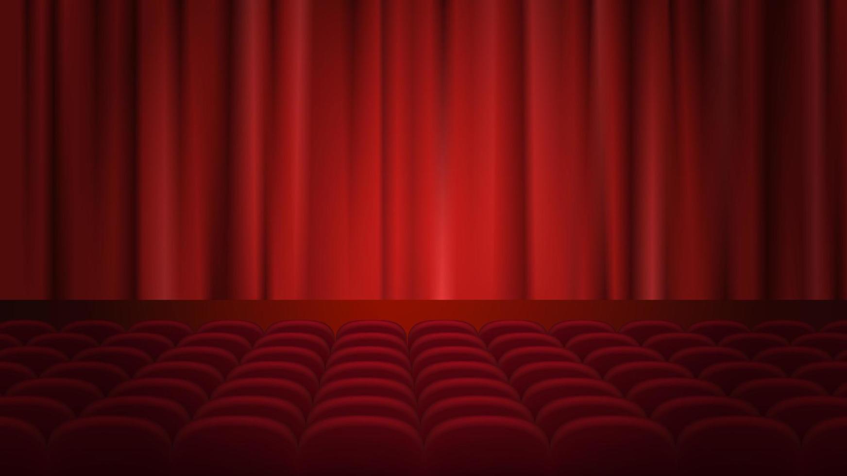 Theater interior with red curtains and seats. Vector. Theater red curtain Vector illustration.