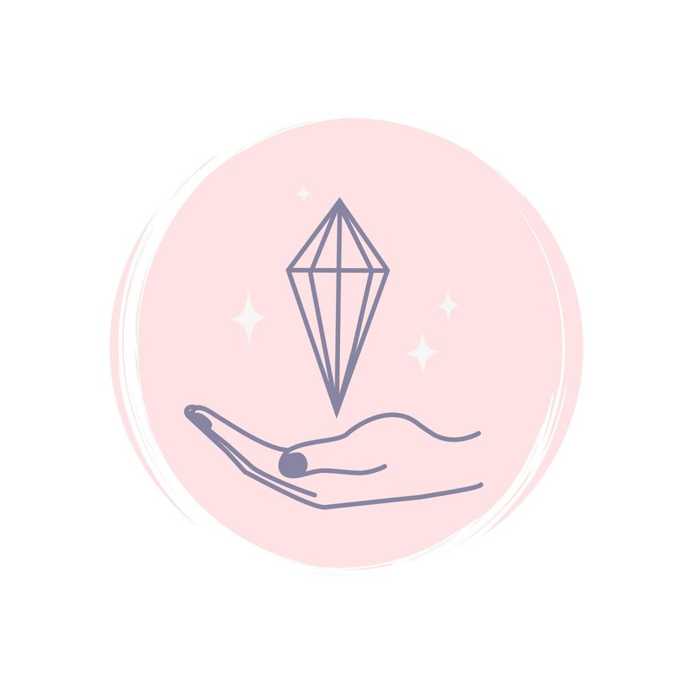 Cute esoteric icon vector with female hand holding crystal, gem, stone, illustration on circle with brush texture, for social media story and instagram highlights