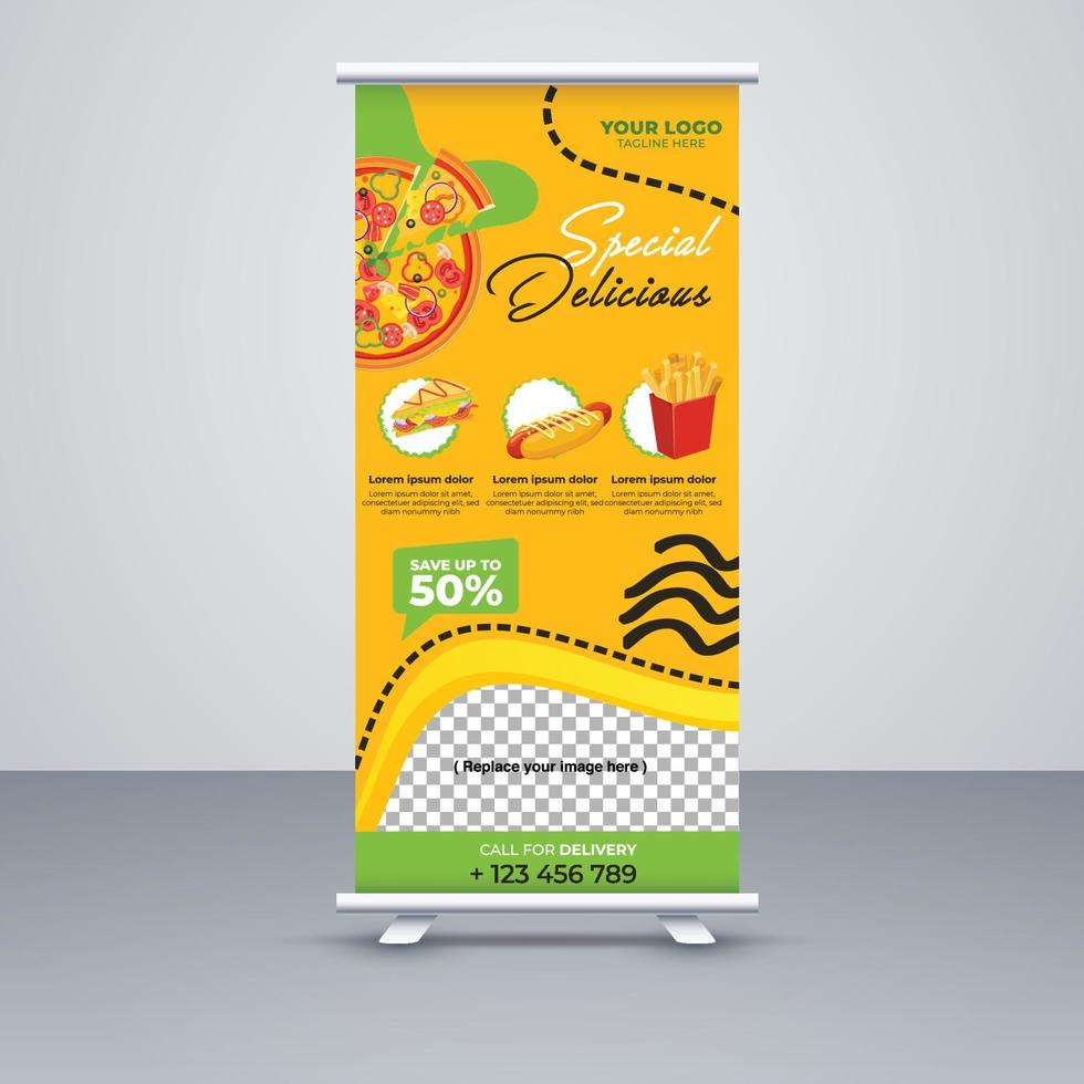 Fast food restaurant roll up banner template design vector