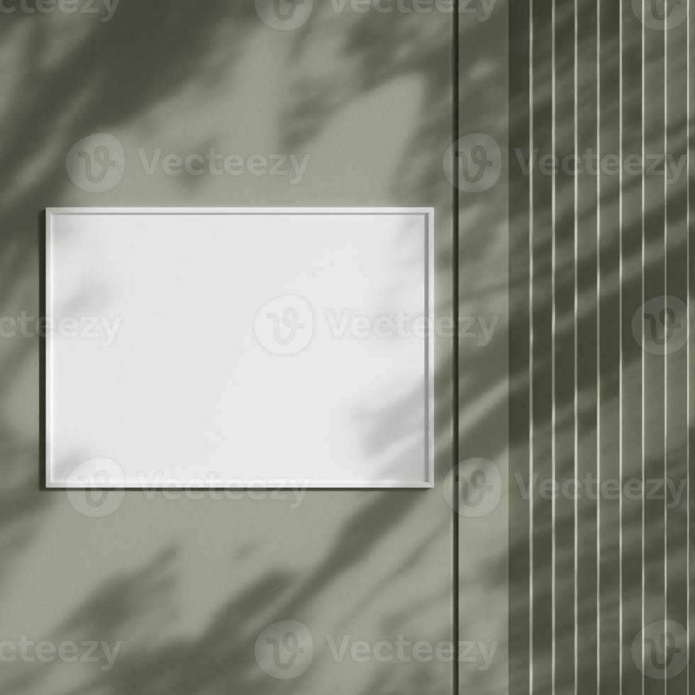 Blank picture frame hanging on the wall with shadow. Empty poster mockup for art display in sunlight. Minimal interior design. photo
