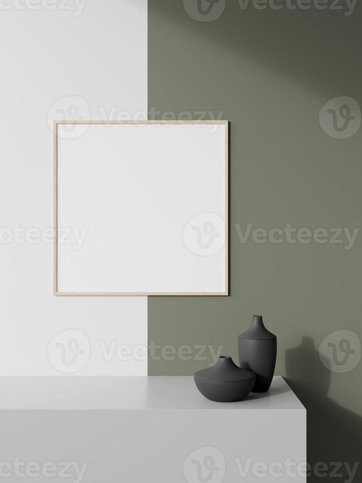 Empty poster frame with mock up with sunlight on wall background photo