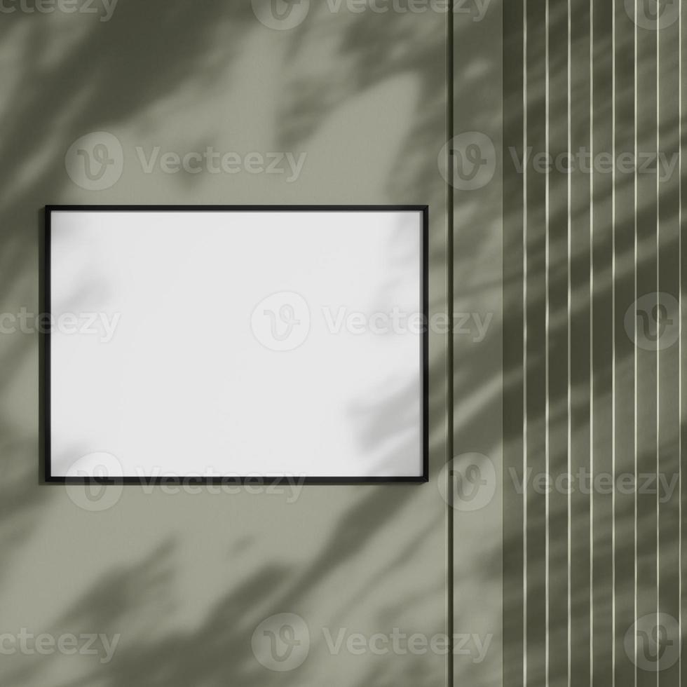 Blank picture frame hanging on the wall with shadow. Empty poster mockup for art display in sunlight. Minimal interior design. photo