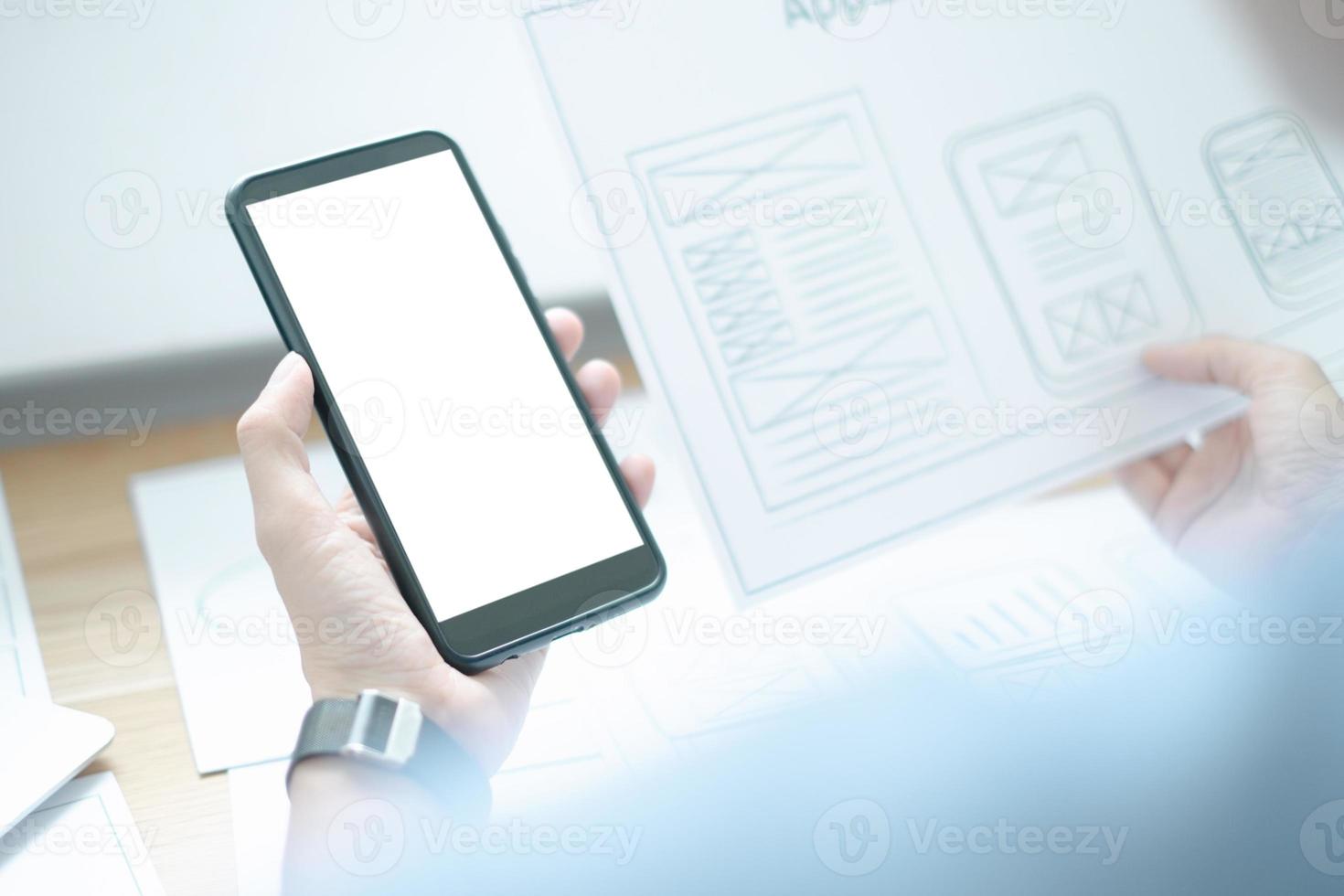 Mockup image of ux graphic designer creative smartphone application process development interface for web mobile phone, mockup concept photo