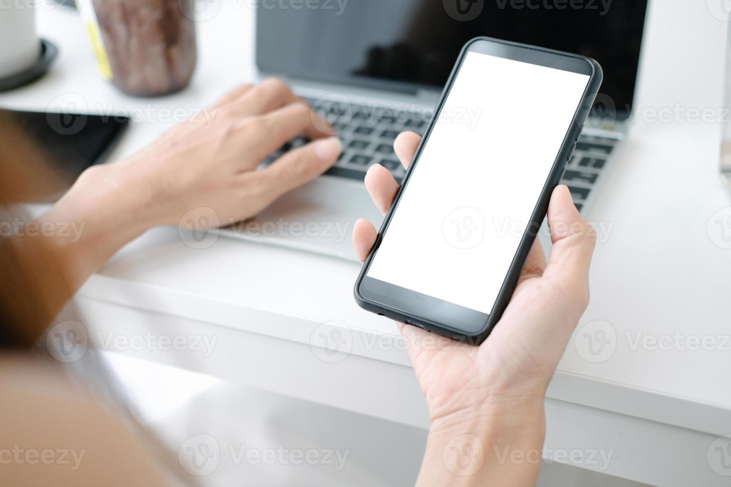 Mockup image of Beautiful woman shopping online with smartphone on online websites, mockup concept photo