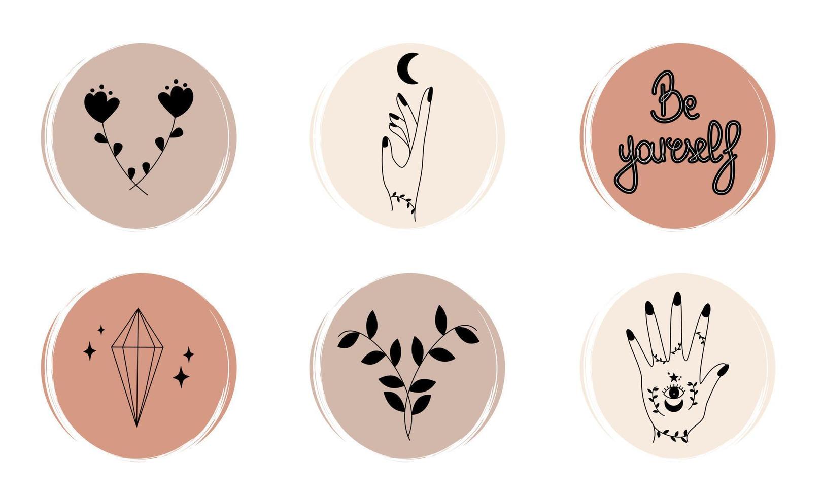 Vector set of logo design templates, icons and badges for social media highlights covers with cute hands, moon, stars, leaves and esoteric elements