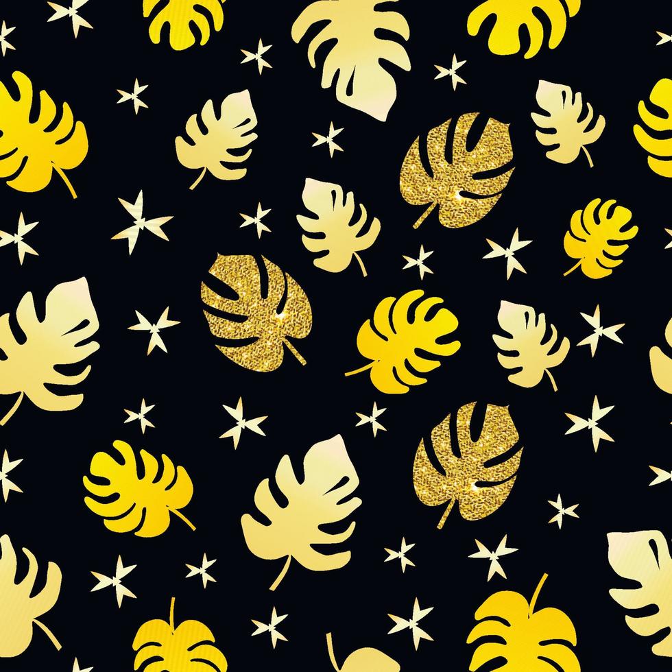 seamless pattern of golden tropical shiny monstera leaves on black background vector