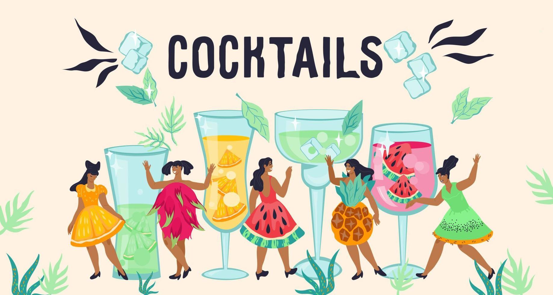 Banner for cocktail party and bar decoration with fancy women characters among huge fruit beverages. Summer party poster or site interface flat vector illustration.