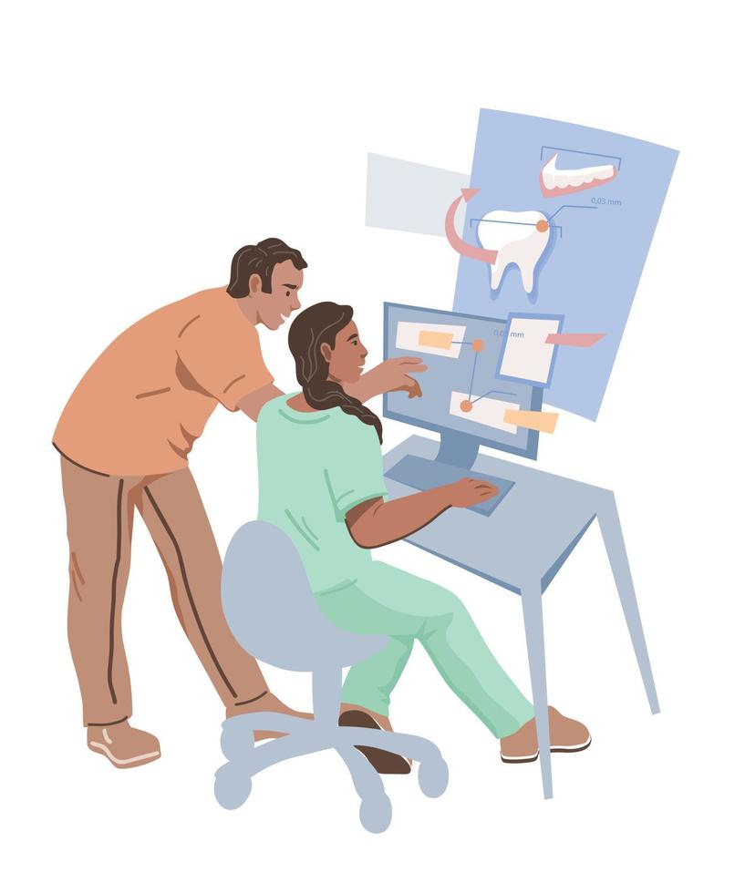 Advanced computer high technology for dental practice concept with dentists planning way of teeth treatment with computer. Oral health, dentistry and stomatology. Flat vector illustration.
