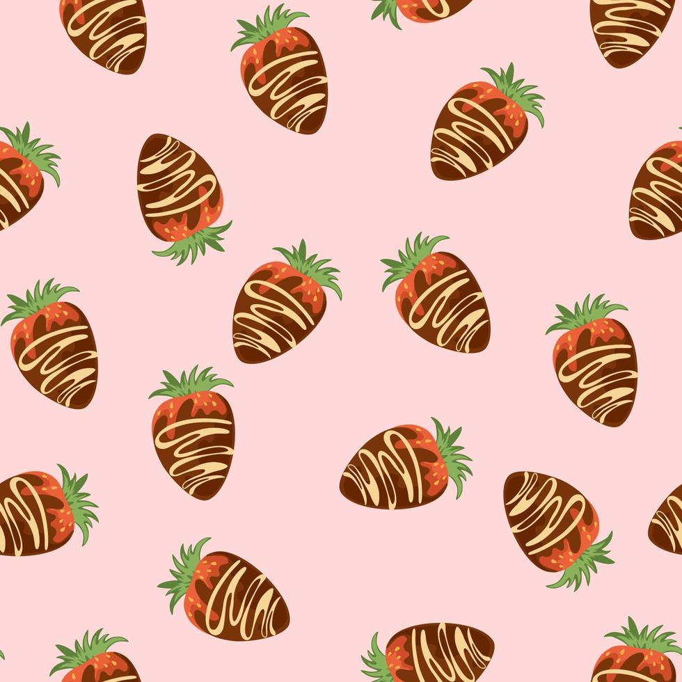 Strawberries in chocolate seamless pattern. Sweet dessert. Hand drawn design in cartoon style, use for print, wallpaper, clothes, fashion, menu. Vector illustration