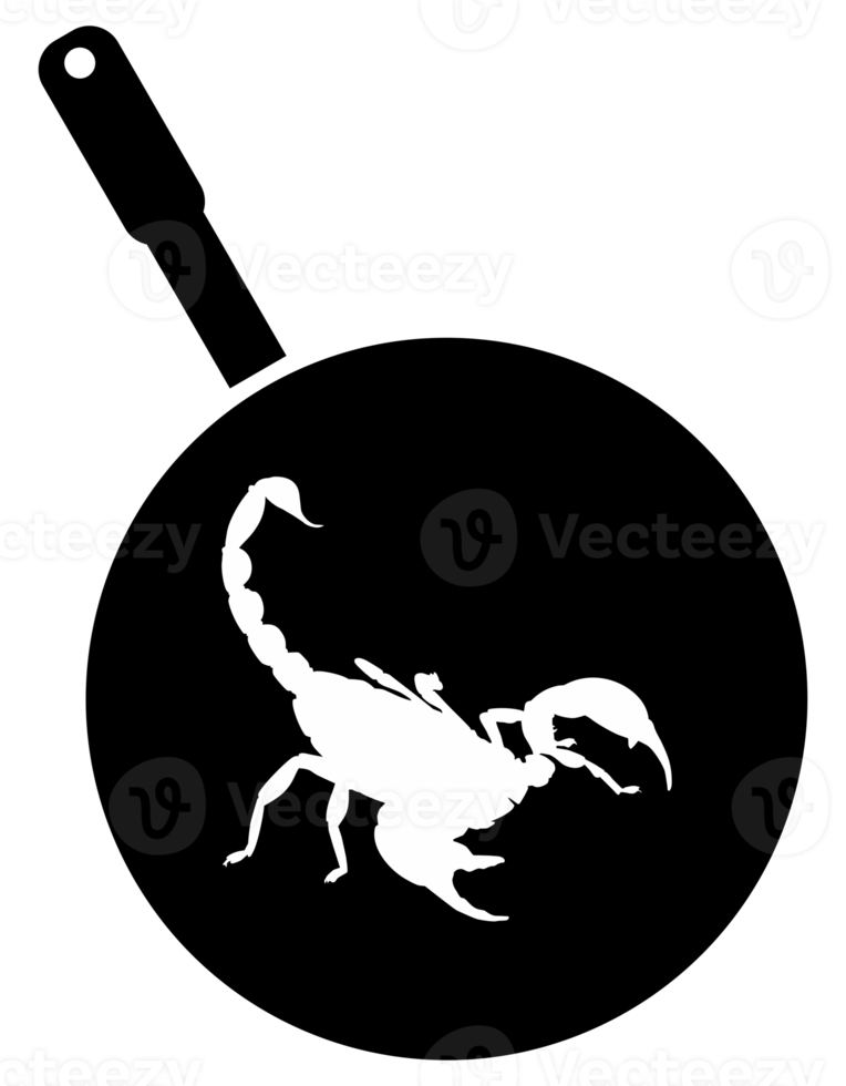 Scorpion on the Pan Silhouette for Bizarre or Extreme or Exotic Food, Traditional Food in Asian Country, Culinary Sign for Icon Symbol, Apps, Pictogram, Logo, Website, or Graphic Design Element. PNG