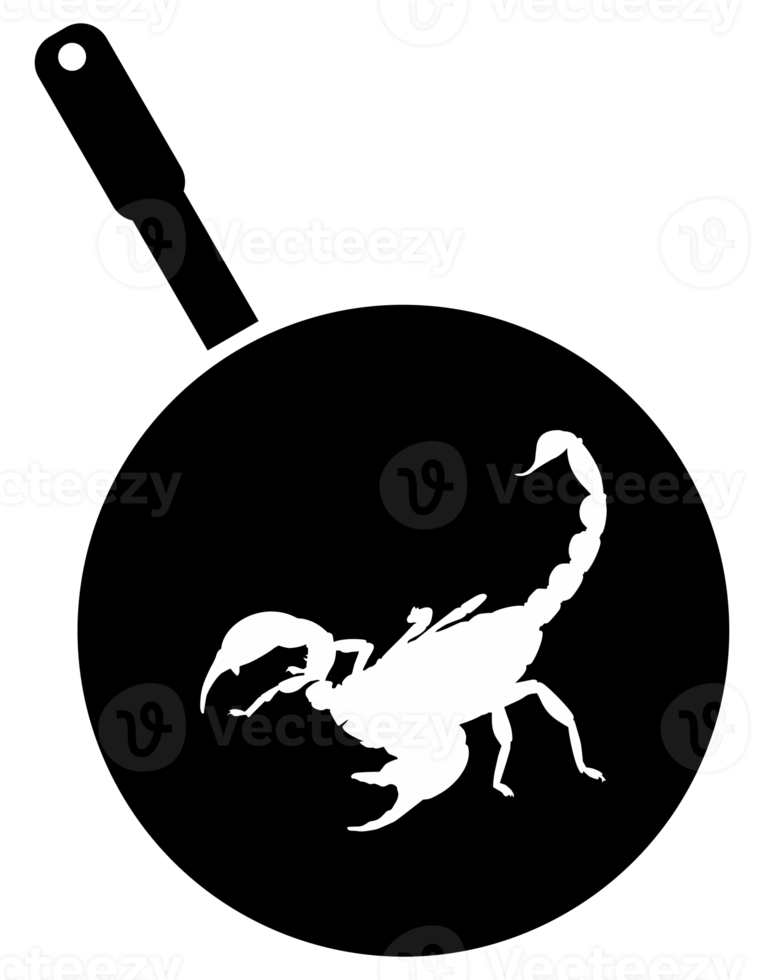 Scorpion on the Pan Silhouette for Bizarre or Extreme or Exotic Food, Traditional Food in Asian Country, Culinary Sign for Icon Symbol, Apps, Pictogram, Logo, Website, or Graphic Design Element. PNG