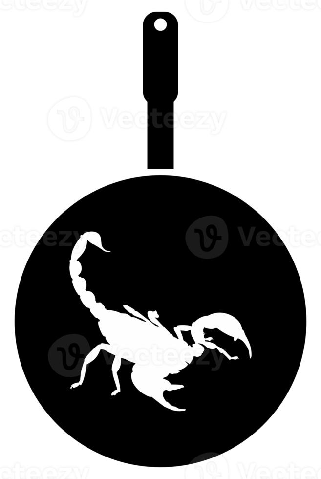 Scorpion on the Pan Silhouette for Bizarre or Extreme or Exotic Food, Traditional Food in Asian Country, Culinary Sign for Icon Symbol, Apps, Pictogram, Logo, Website, or Graphic Design Element. PNG