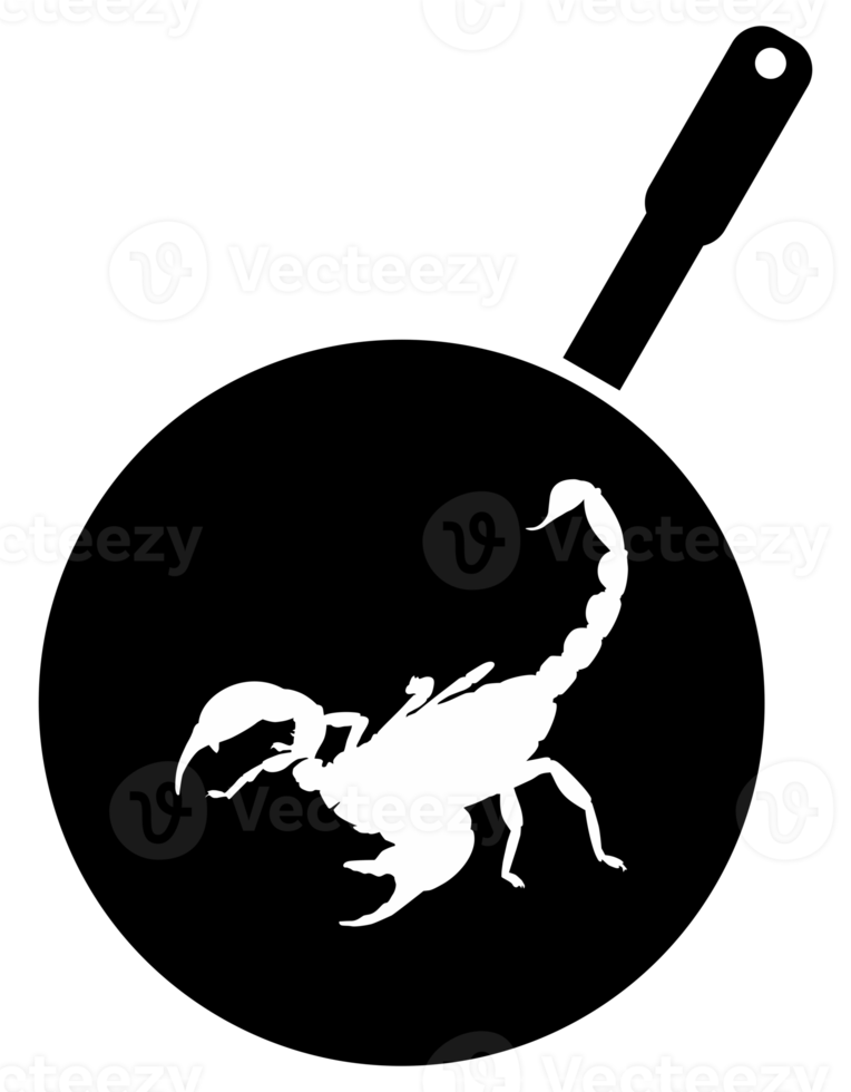 scorpione su il padella silhouette per bizzarro o estremo o esotico cibo, tradizionale cibo nel asiatico nazione, culinario cartello per icona simbolo, app, pittogramma, logo, sito web, o grafico design elemento. png