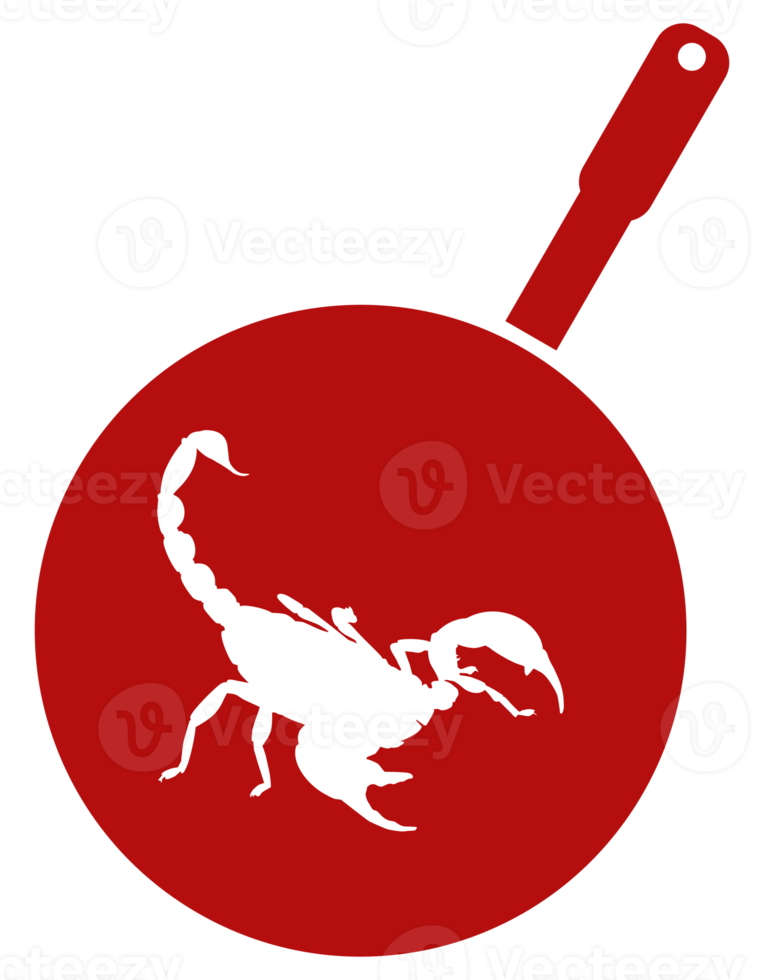 Scorpion on the Pan Silhouette for Bizarre or Extreme or Exotic Food, Traditional Food in Asian Country, Culinary Sign for Icon Symbol, Apps, Pictogram, Logo, Website, or Graphic Design Element. PNG