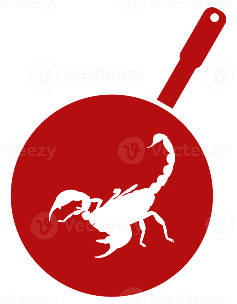 Scorpion on the Pan Silhouette for Bizarre or Extreme or Exotic Food, Traditional Food in Asian Country, Culinary Sign for Icon Symbol, Apps, Pictogram, Logo, Website, or Graphic Design Element. PNG