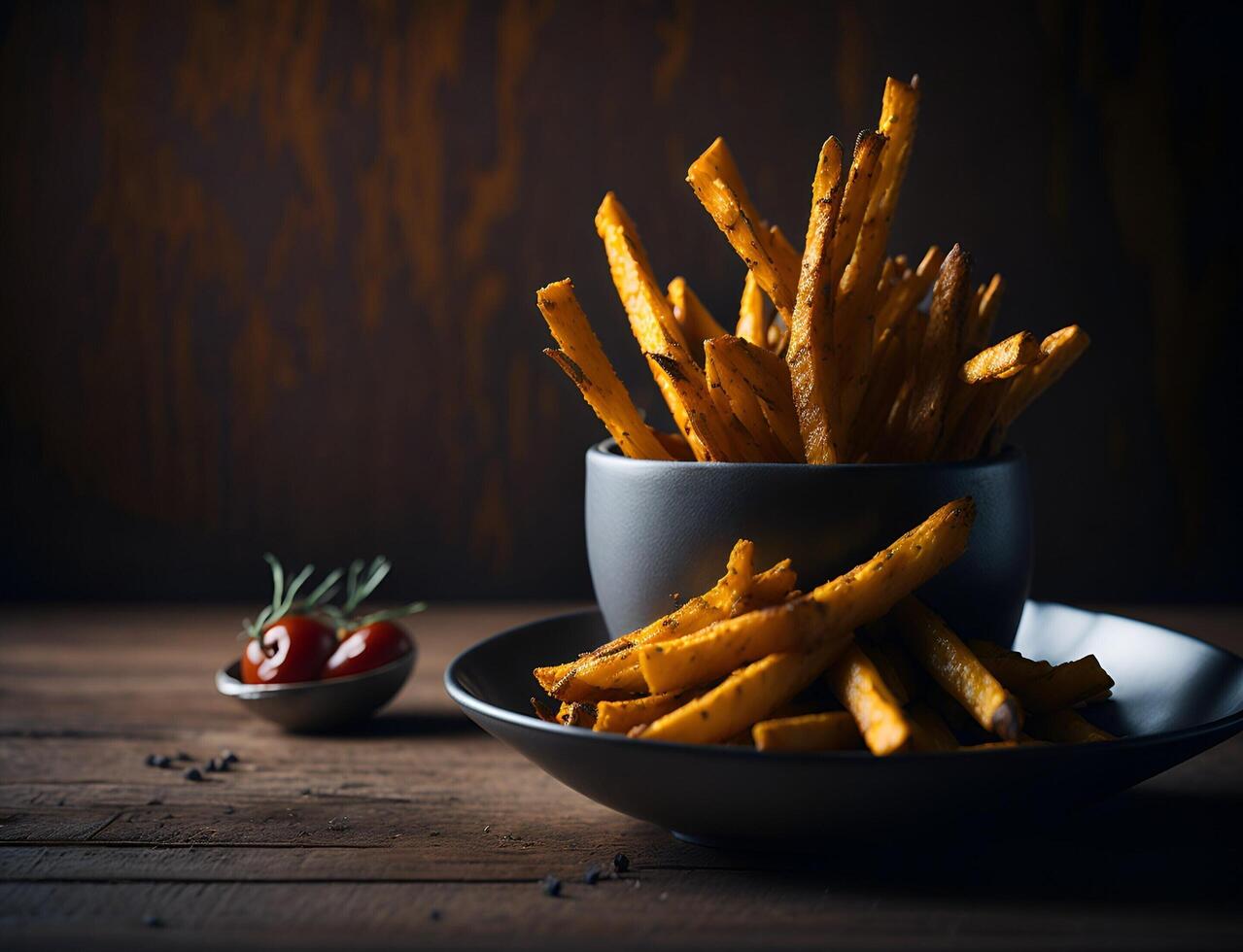 Delicious potato french fries with tomato ketchup on the table. . photo