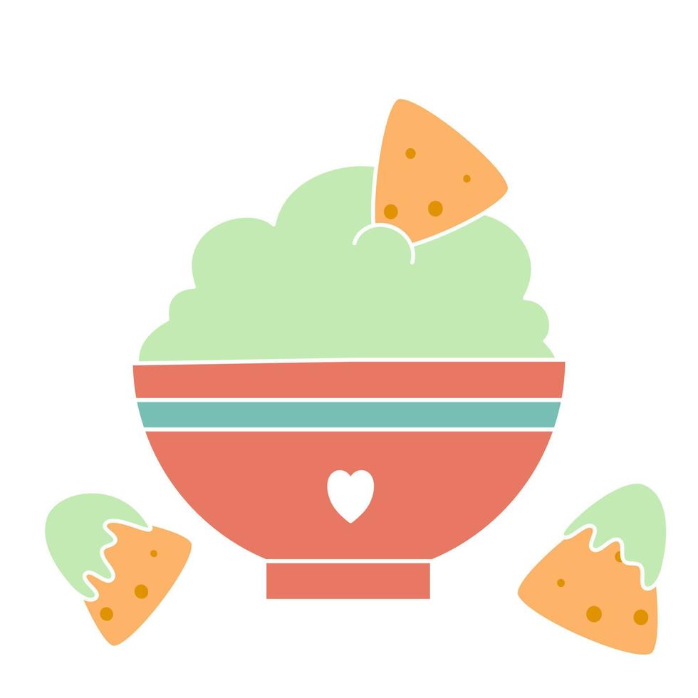 Cute guacamole bowl with nachos mexican food vector illustration