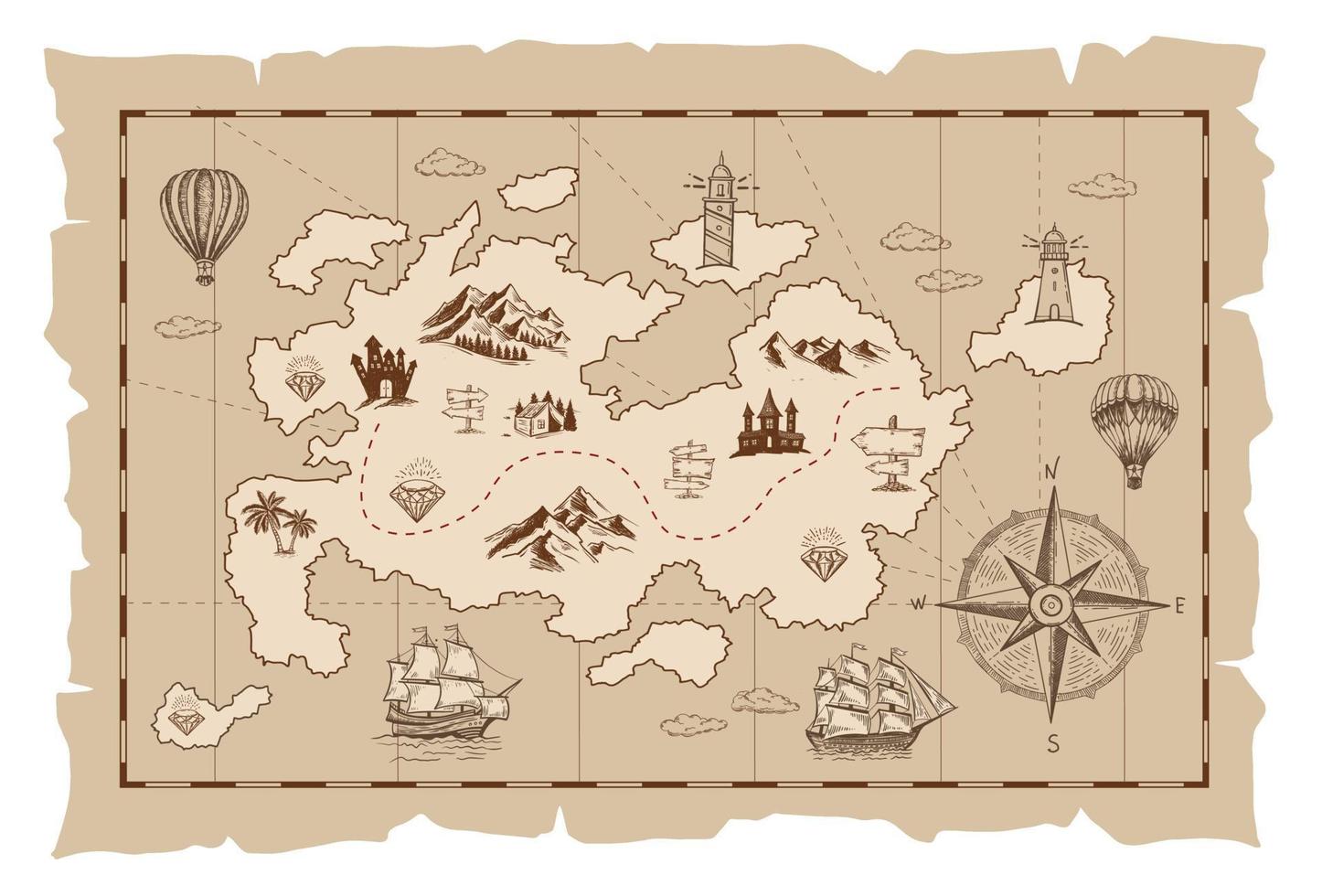 vector bosquejo de un antiguo pirata tesoro mapa. dibujado a mano ilustraciones, vector.