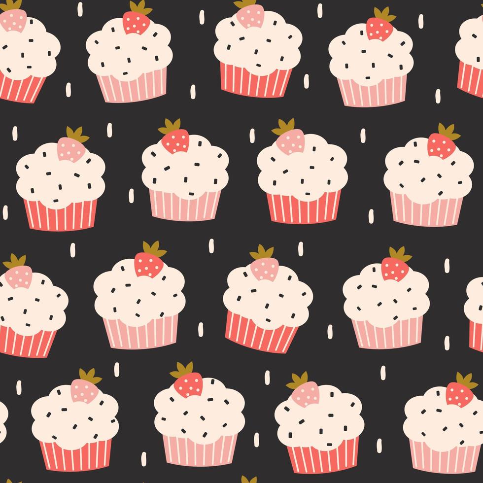 Cute cartoon seamless vector pattern illustration with hand drawn strawberry cupcakes on black background