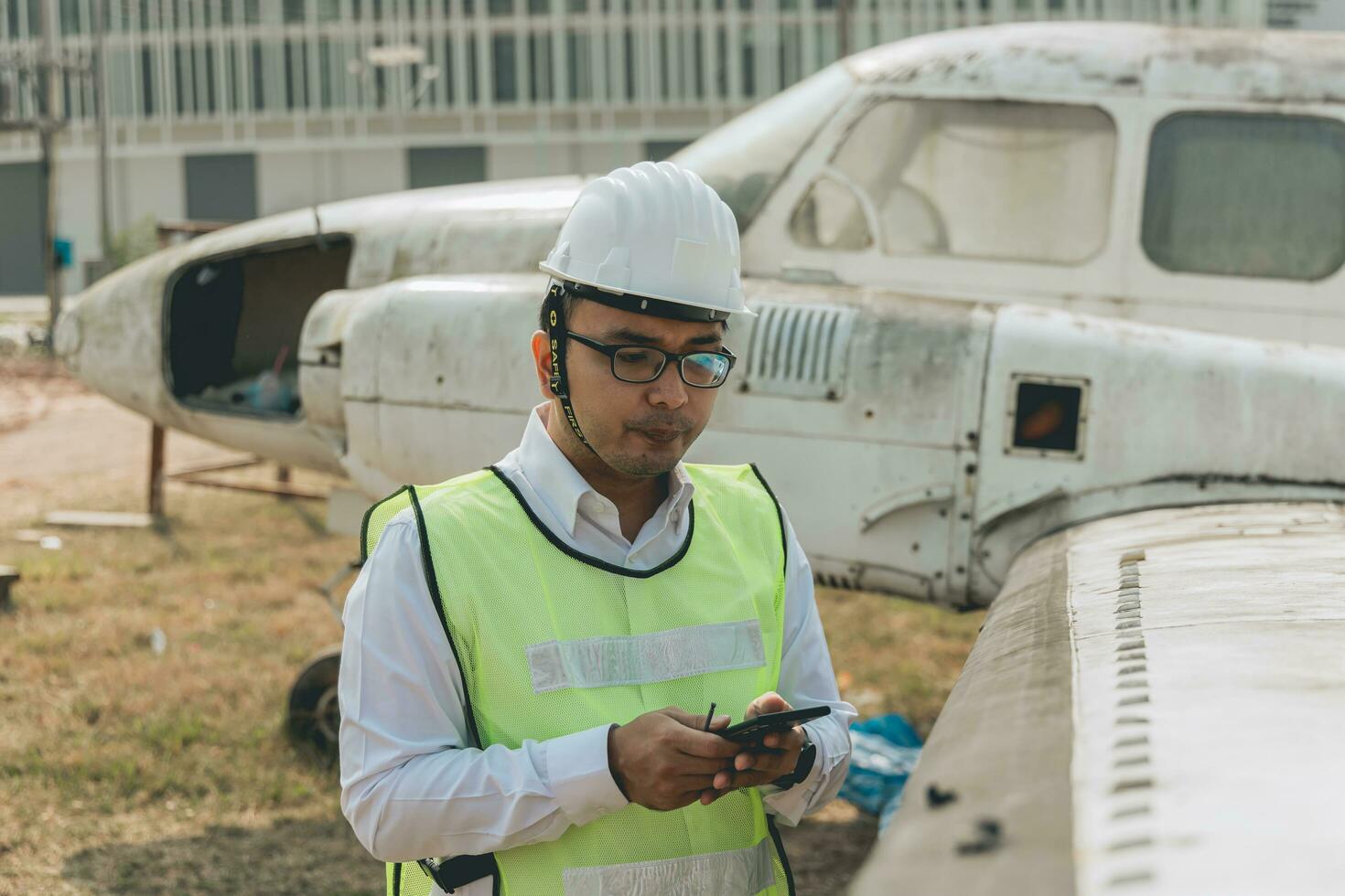 Aircraft mechanic examining airplane wing photo