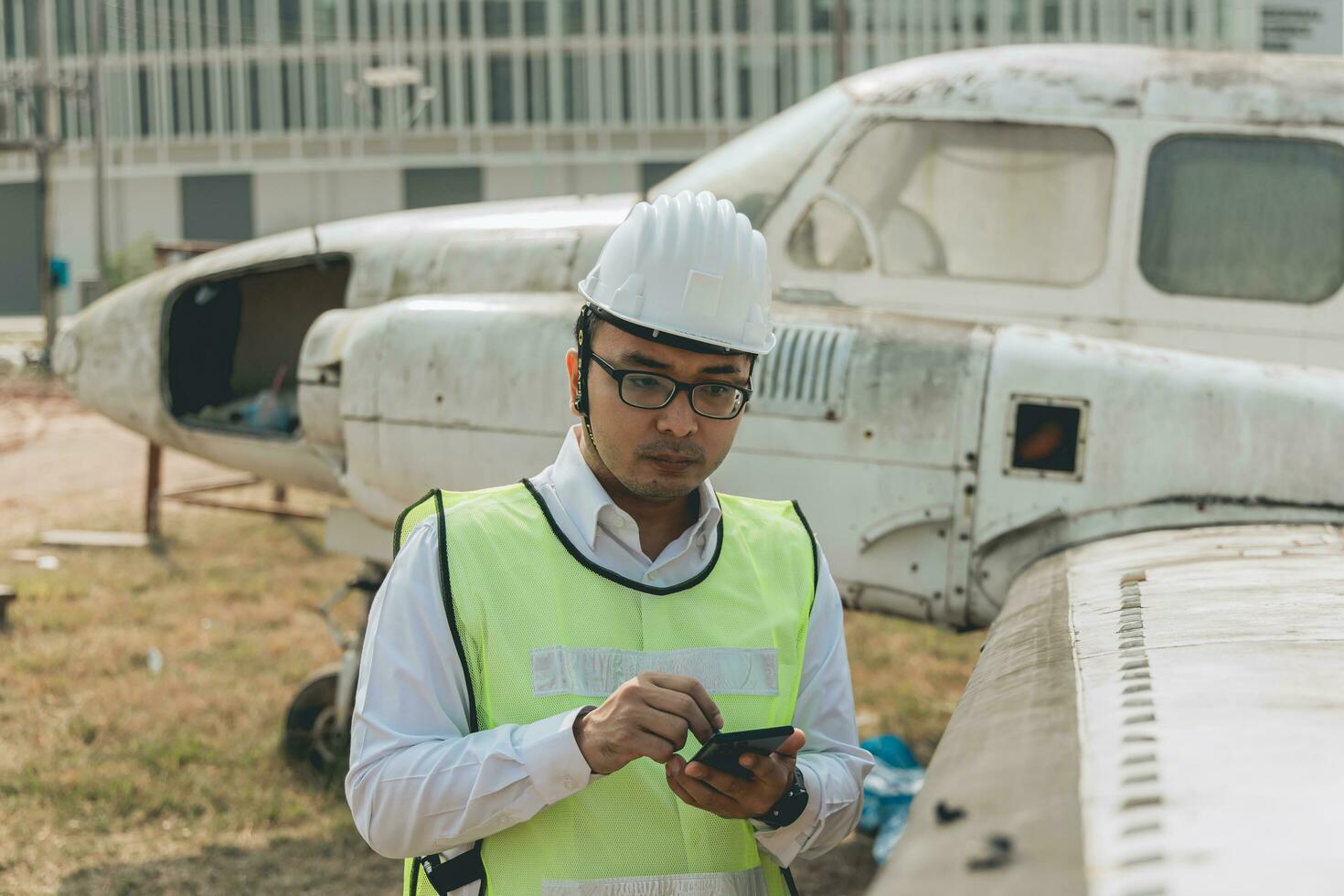 Aircraft mechanic examining airplane wing photo