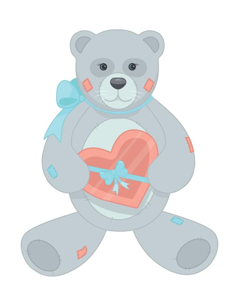 A teddy bear with a blue bow around his neck is holding a valentine card. Vector illustration. Valentine's Day. The 14th of February. Love.