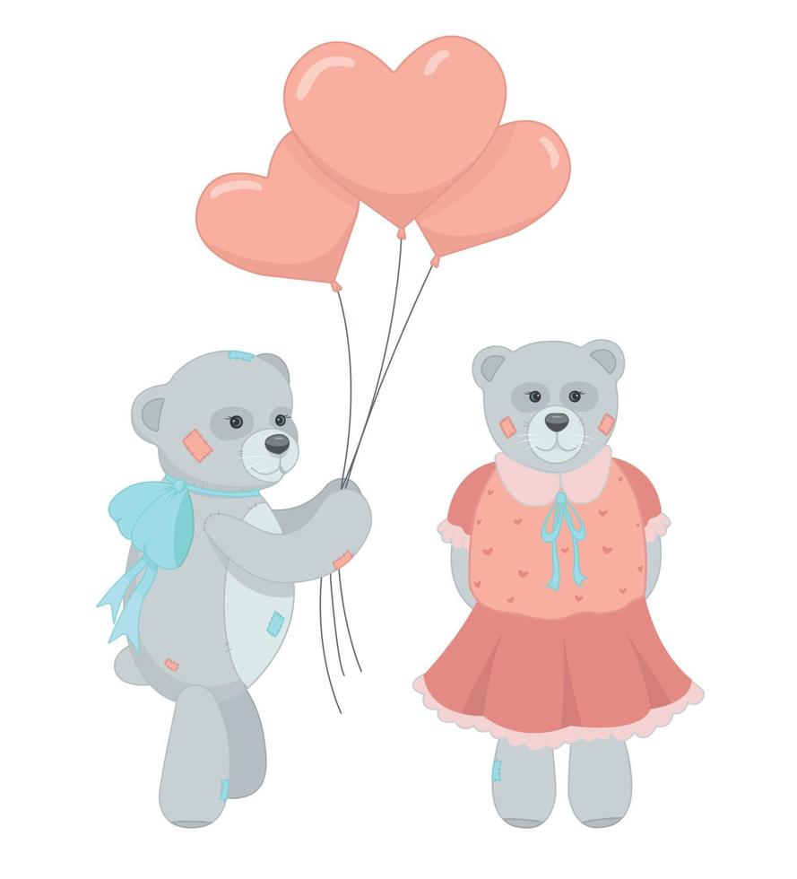 un osito de peluche oso con un azul arco en sus cuello sostiene en forma de corazon globos un osito de peluche oso en un rojo vestido. vector ilustración. San Valentín día. el 14to de febrero. amor.